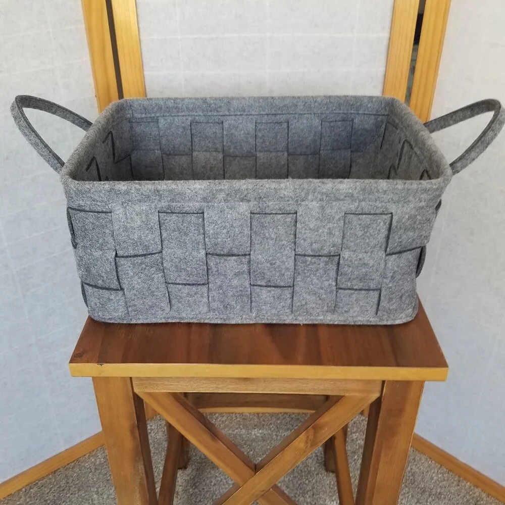 Large Flannel Felt Basket with Handle Gray Woven Set of Two 15